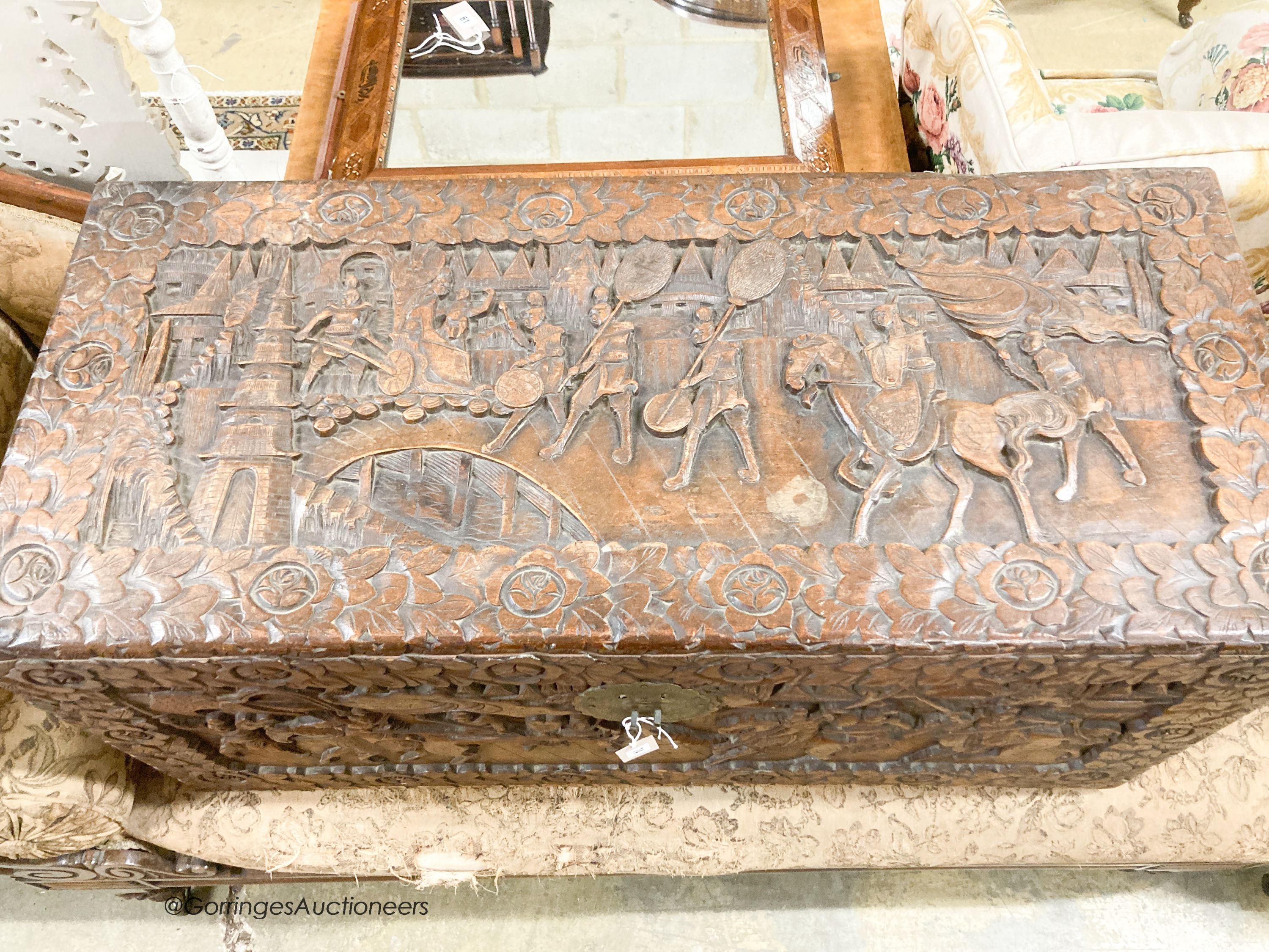 A Cantonese carved hardwood chest, length 104cm, depth 46cm, height 49cm